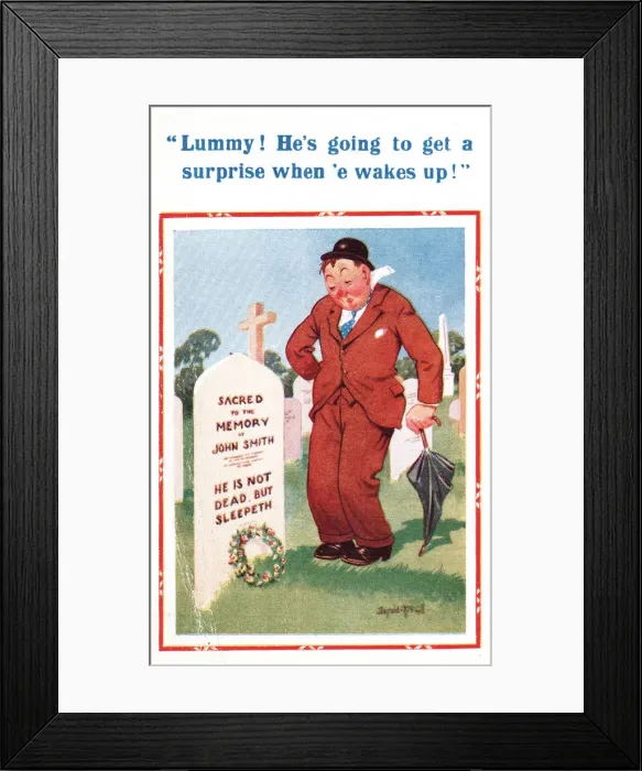 Framed Print : Comic postcard, drunkard in cemetery Framed Print : Comic postcard, drunkard in cemetery