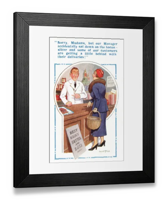 Framed Print : Comic postcard, accident with bacon slicer Framed Print : Comic postcard, accident with bacon slicer