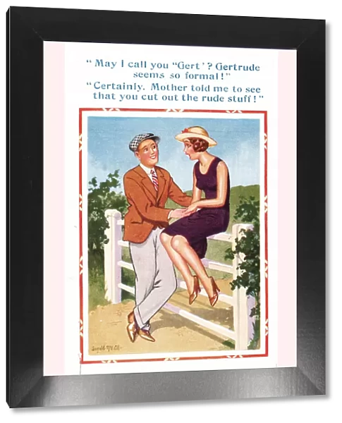 Comic postcard, Couple chatting by a country gate - cut out the rude stuff Date