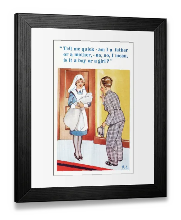 Framed Print : Comic postcard, nurse, baby and new father - girl or boy? Date: 20th century Framed Print : Comic postcard, nurse, baby and new father - girl or boy? Date: 20th century