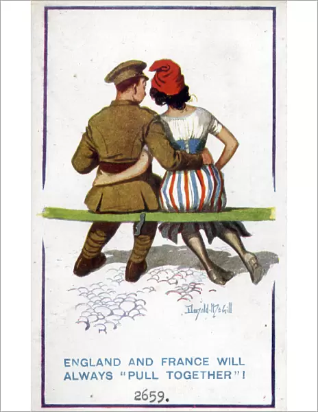 Comic postcard, England and France will always pull together, WW1 Date: circa 1918