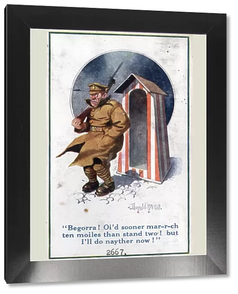 Comic postcard, British soldier on sentry duty in the cold, WW1 Date: circa 1918