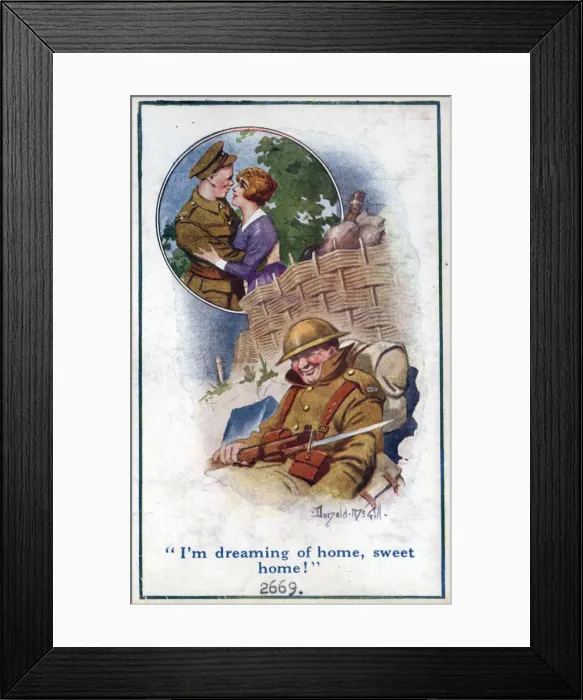 Framed Print : Comic postcard, British soldier dreaming of home sweet home, WW1 Date: circa 1918 Framed Print : Comic postcard, British soldier dreaming of home sweet home, WW1 Date: circa 1918
