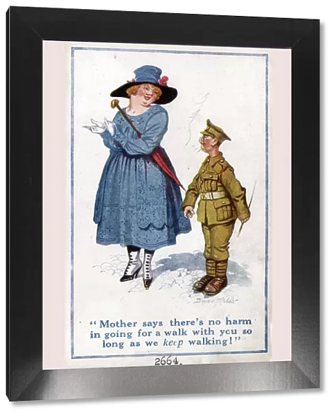 Comic postcard, British soldier and girlfriend going for a walk, WW1 Date: circa 1918