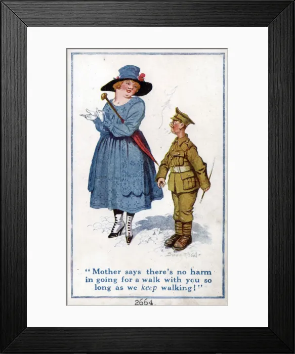 Framed Print : Comic postcard, British soldier and girlfriend going for a walk, WW1 Date: circa 1918 Framed Print : Comic postcard, British soldier and girlfriend going for a walk, WW1 Date: circa 1918