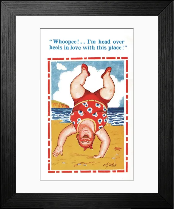 Framed Print : Comic postcard, Somersault on the beach Framed Print : Comic postcard, Somersault on the beach