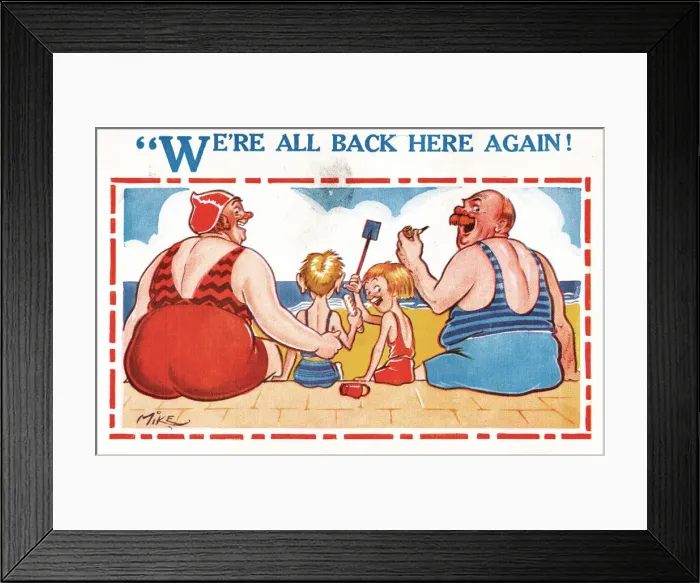 Framed Print : Comic postcard, Family of four on the beach Date: 20th century Framed Print : Comic postcard, Family of four on the beach Date: 20th century