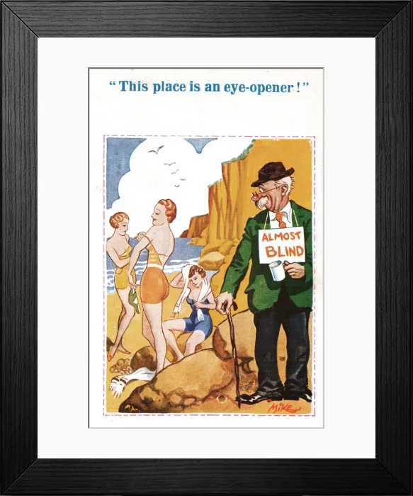 Framed Print : Comic postcard, Man on the beach, almost blind! Date: 20th century Framed Print : Comic postcard, Man on the beach, almost blind! Date: 20th century