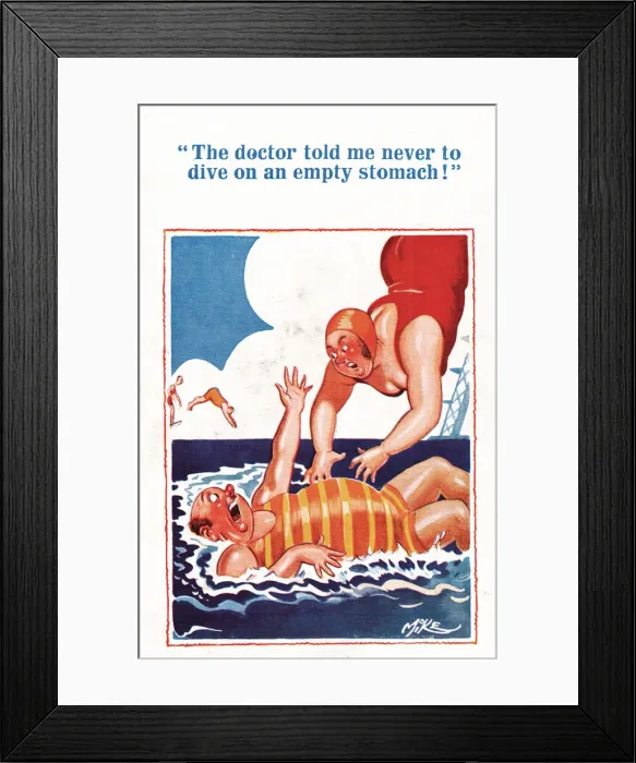 Framed Print : Comic postcard, Plump couple in the sea - don t dive on an empty stomach Framed Print : Comic postcard, Plump couple in the sea - don t dive on an empty stomach