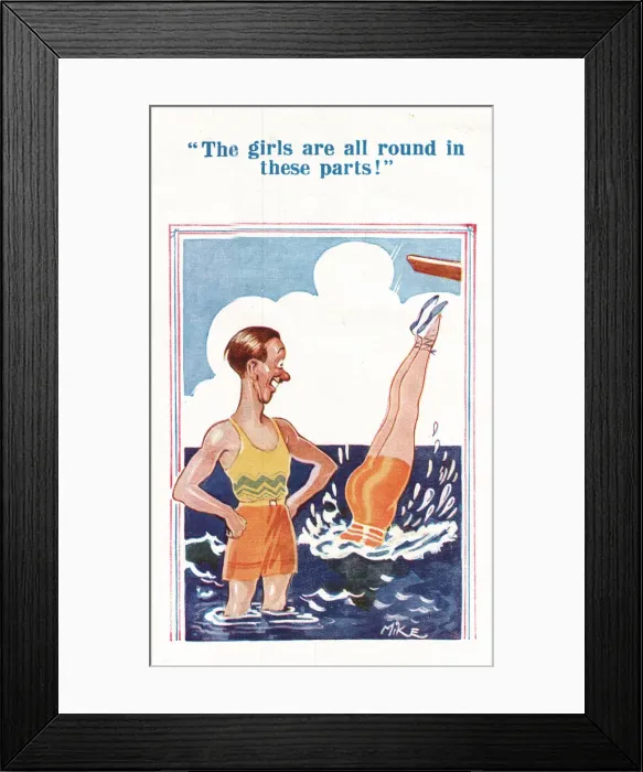 Framed Print : Comic postcard, Man watching woman dive into the sea Date: 20th century Framed Print : Comic postcard, Man watching woman dive into the sea Date: 20th century