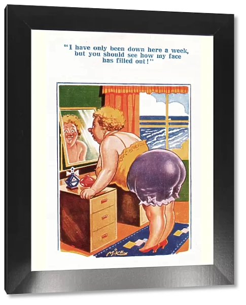 Comic postcard, Plump woman at the seaside