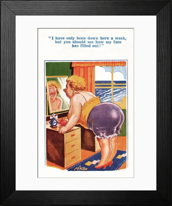 Framed Print : Comic postcard, Plump woman at the seaside Framed Print : Comic postcard, Plump woman at the seaside