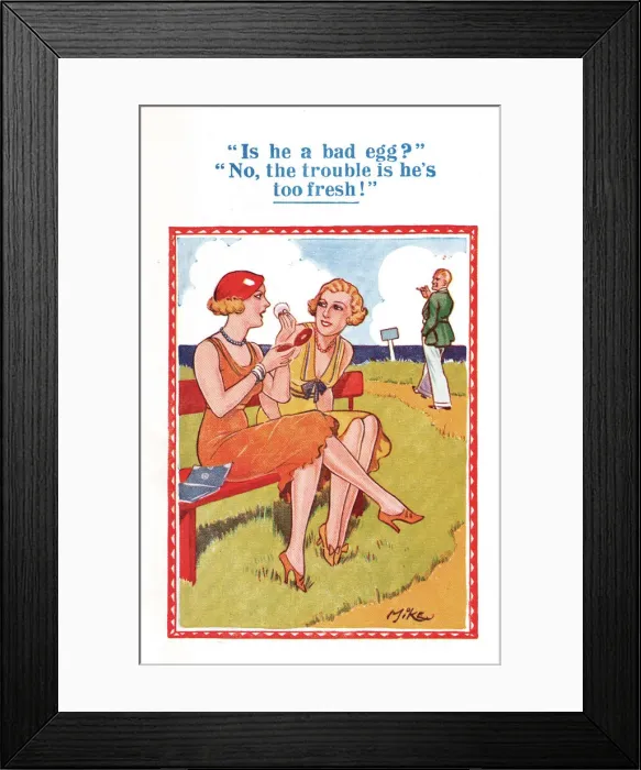 Framed Print : Comic postcard, Two women and a man at the seaside - too fresh! Date: 20th century Framed Print : Comic postcard, Two women and a man at the seaside - too fresh! Date: 20th century