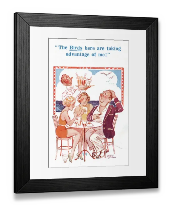 Framed Print : Comic postcard, Man and two pretty women drinking at an outdoor cafe - taking advantage of m Framed Print : Comic postcard, Man and two pretty women drinking at an outdoor cafe - taking advantage of m