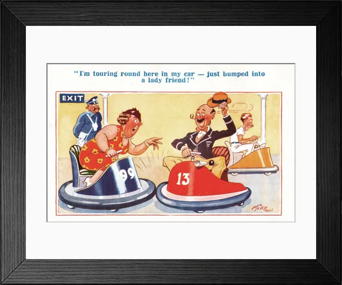 Framed Print : Comic postcard, Meeting on the dodgems Date: 20th century Framed Print : Comic postcard, Meeting on the dodgems Date: 20th century
