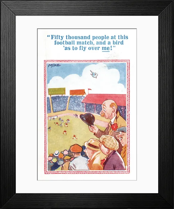 Framed Print : Comic postcard, Man at football match Date: 20th century Framed Print : Comic postcard, Man at football match Date: 20th century