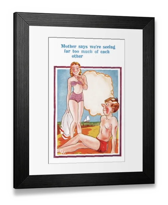 Framed Print : Comic postcard, Couple on the beach - seeing far too much of each other Date Framed Print : Comic postcard, Couple on the beach - seeing far too much of each other Date