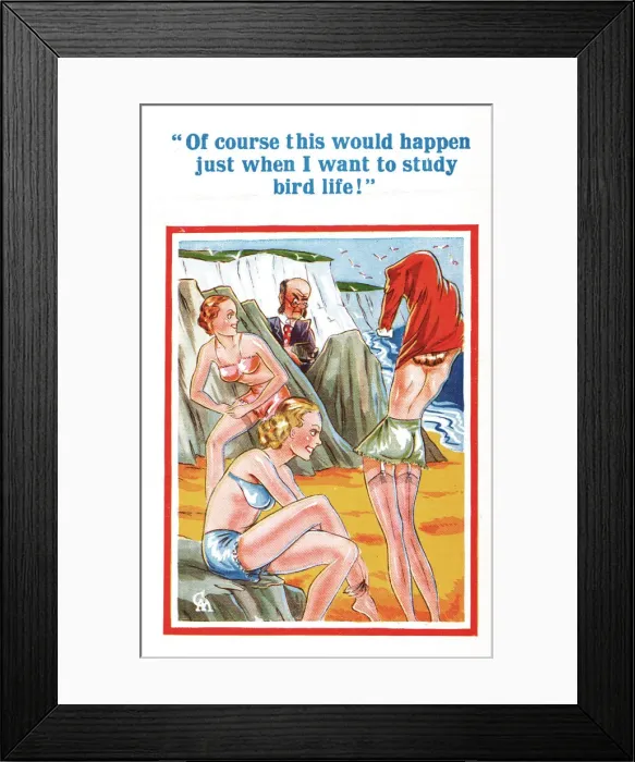 Framed Print : Comic postcard, Young women on the beach, man with camera Date: 20th century Framed Print : Comic postcard, Young women on the beach, man with camera Date: 20th century
