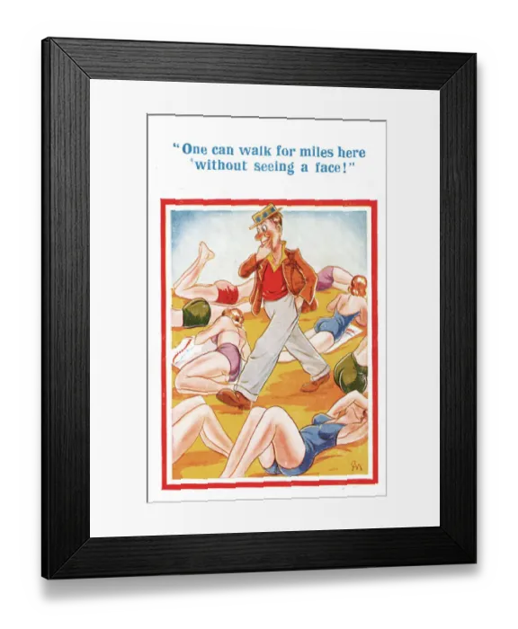 Framed Print : Comic postcard, Young women on the beach - man walking Date: 20th century Framed Print : Comic postcard, Young women on the beach - man walking Date: 20th century