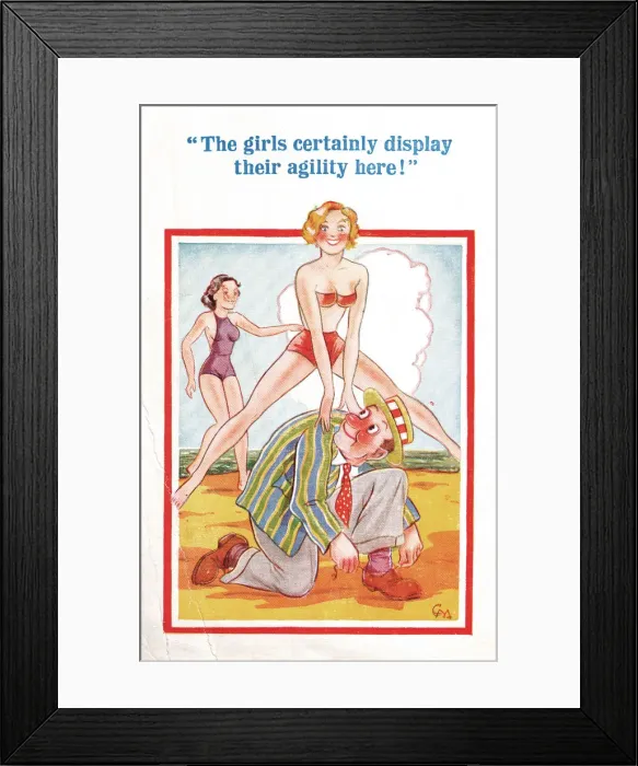 Framed Print : Comic postcard, Leapfrogging on the beach Date: 20th century Framed Print : Comic postcard, Leapfrogging on the beach Date: 20th century
