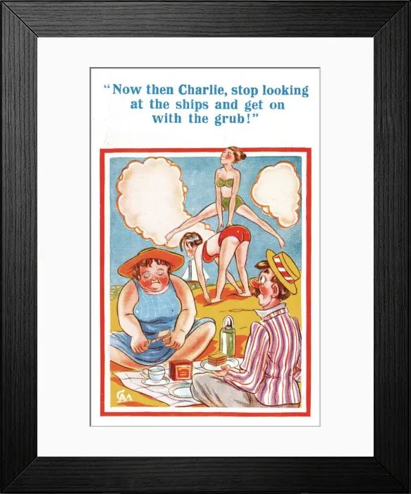 Framed Print : Comic postcard, Leapfrogging on the beach, middle-aged couple picnicking Date