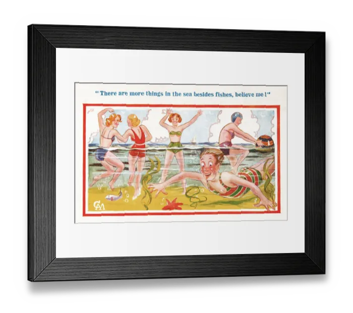 Framed Print : Comic postcard, Swimming in the sea - young man and four pretty women Date Framed Print : Comic postcard, Swimming in the sea - young man and four pretty women Date