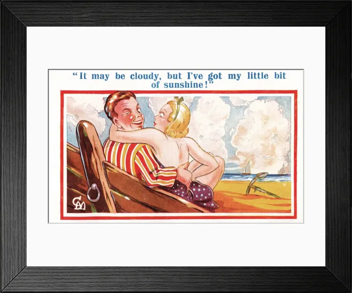 Framed Print : Comic postcard, Couple on the beach Date: 20th century Framed Print : Comic postcard, Couple on the beach Date: 20th century