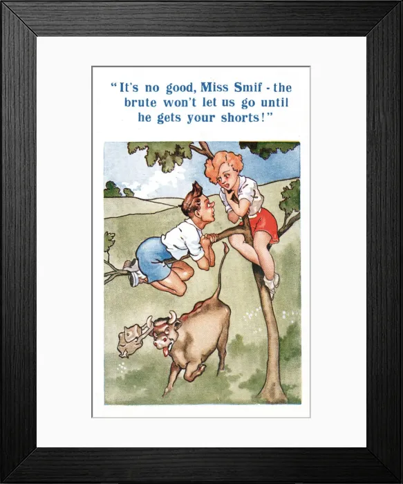 Framed Print : Comic postcard, Couple stuck up a tree with an angry bull below Date: 20th century