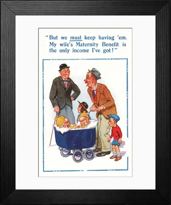 Framed Print : Comic postcard, Man pushing pram Framed Print : Comic postcard, Man pushing pram