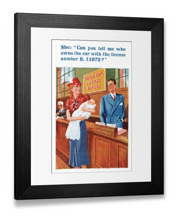 Framed Print : Comic postcard, Looking for the babys father - car licence number Framed Print : Comic postcard, Looking for the babys father - car licence number