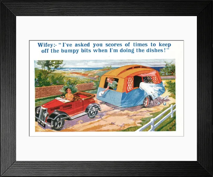 Framed Print : Comic postcard, Car and caravan Date: 20th century Framed Print : Comic postcard, Car and caravan Date: 20th century