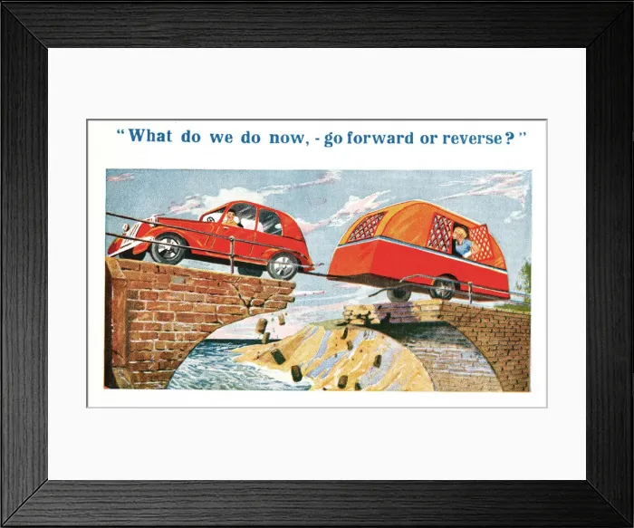 Framed Print : Comic postcard, Car and caravan, forward or reverse? Date: 20th century Framed Print : Comic postcard, Car and caravan, forward or reverse? Date: 20th century