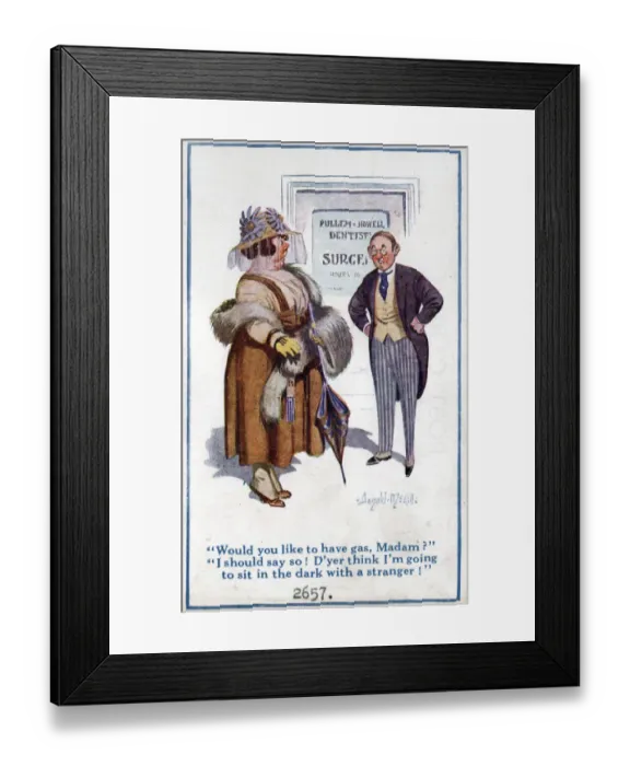 Framed Print : Comic postcard, Woman at the dentists Date: circa 1918 Framed Print : Comic postcard, Woman at the dentists Date: circa 1918