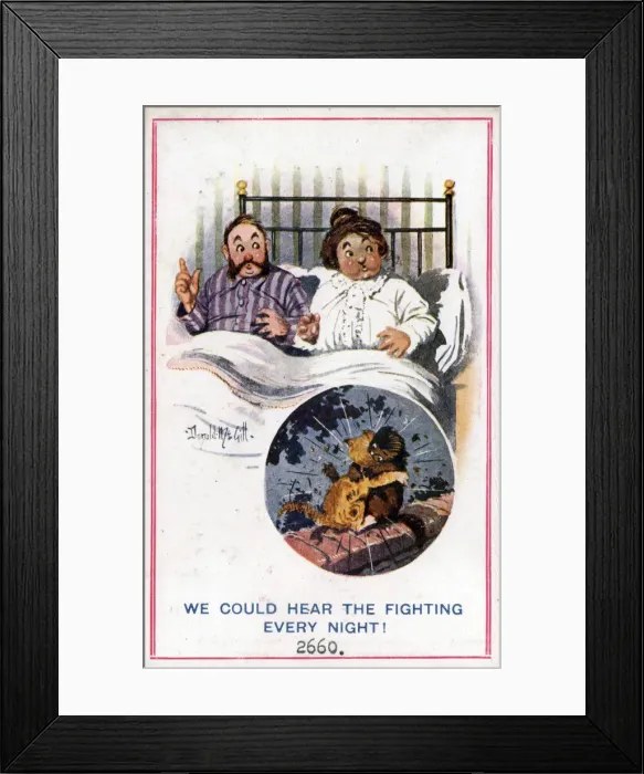 Framed Print : Comic postcard, Couple in bed, cats fighting, WW1 Date: circa 1918 Framed Print : Comic postcard, Couple in bed, cats fighting, WW1 Date: circa 1918