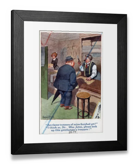 Framed Print : Comic postcard, Scene in a tailors shop Date: circa 1918 Framed Print : Comic postcard, Scene in a tailors shop Date: circa 1918