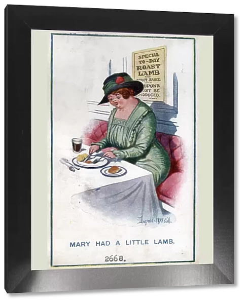 Comic postcard, Woman eating rationed food, WW1 - Mary had a little lamb Date