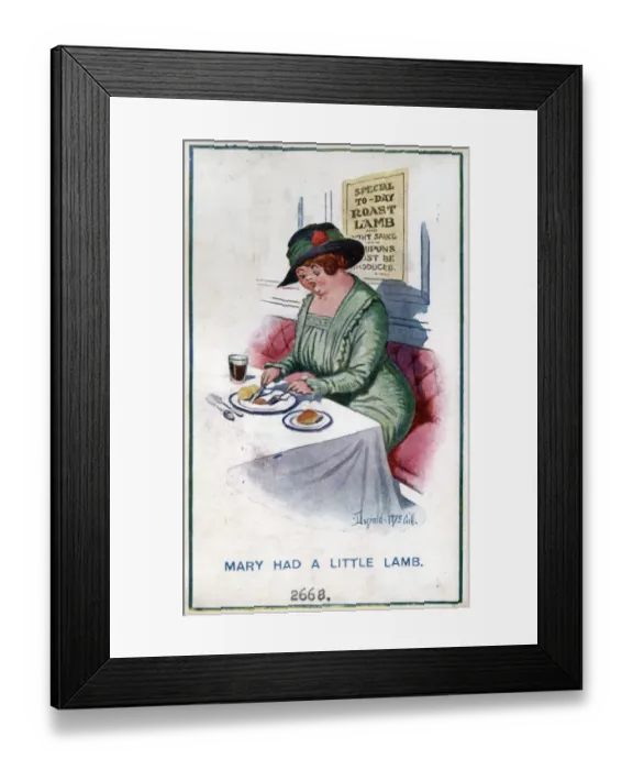 Framed Print : Comic postcard, Woman eating rationed food, WW1 - Mary had a little lamb Date Framed Print : Comic postcard, Woman eating rationed food, WW1 - Mary had a little lamb Date