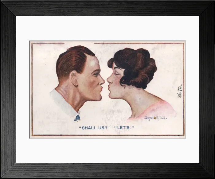 Framed Print : Comic postcard, Couple about to kiss Date: circa 1918 Framed Print : Comic postcard, Couple about to kiss Date: circa 1918