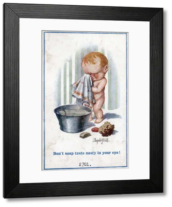 Framed Print : Comic postcard, Boy with soap in his eye Date: circa 1918 Framed Print : Comic postcard, Boy with soap in his eye Date: circa 1918
