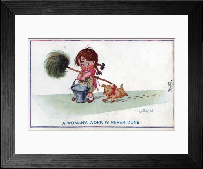 Framed Print : Comic postcard, Little girl doing the housework Framed Print : Comic postcard, Little girl doing the housework