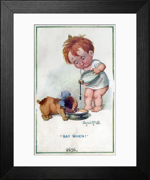 Framed Print : Comic postcard, Little boy giving milk to puppy Framed Print : Comic postcard, Little boy giving milk to puppy
