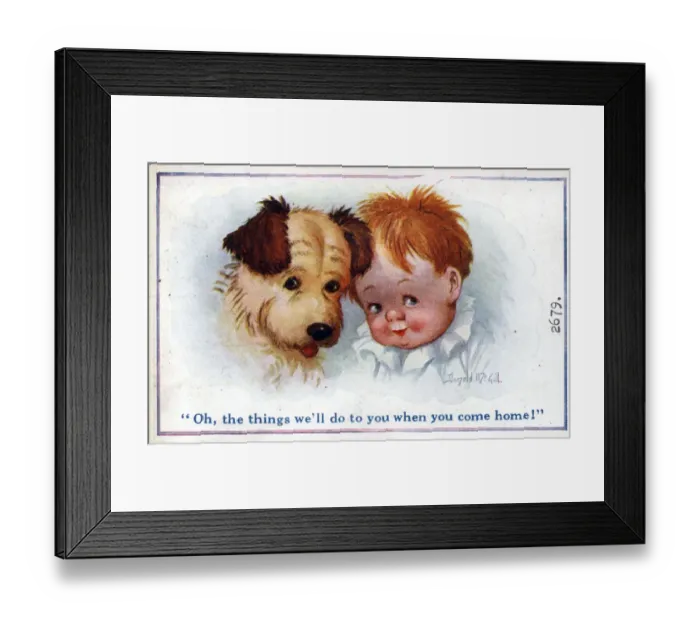 Framed Print : Comic postcard, Little boy and puppy, WW1 Framed Print : Comic postcard, Little boy and puppy, WW1