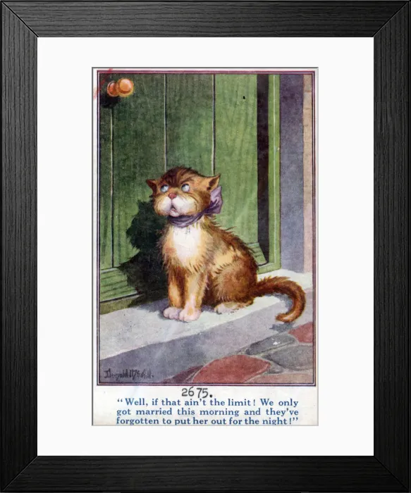 Framed Print : Comic postcard, Tom cat waiting for his partner to be put out for the night Date Framed Print : Comic postcard, Tom cat waiting for his partner to be put out for the night Date