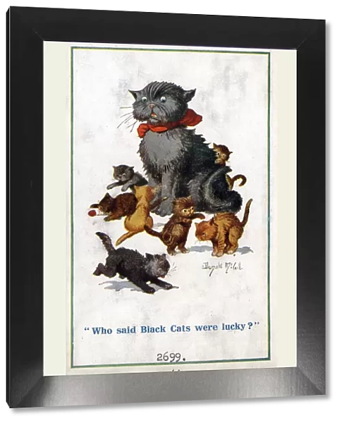 Comic postcard, Black cat annoyed by kittens Date: circa 1918