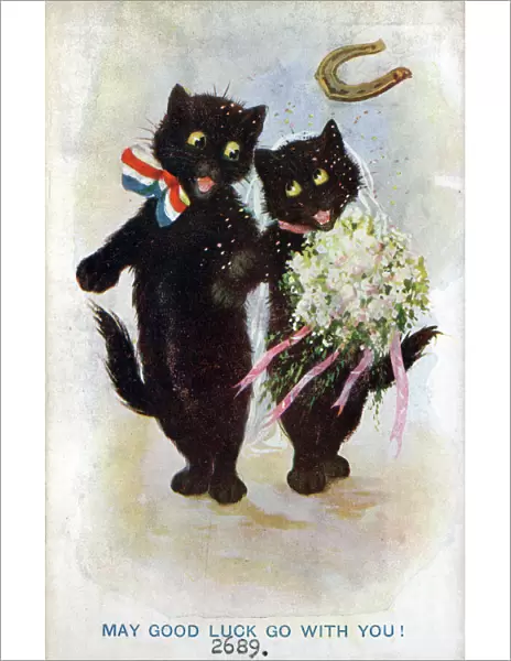 Comic postcard, Two black cats getting married - Good Luck Date: circa 1918