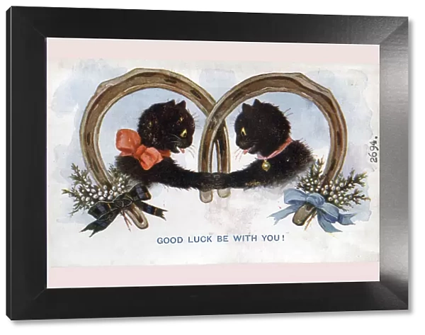 Comic postcard, Two black cats on Good Luck card
