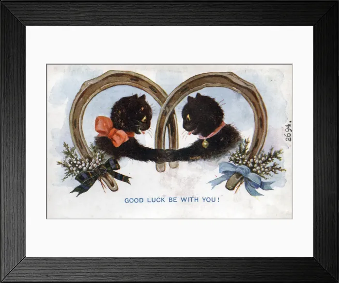 Framed Print : Comic postcard, Two black cats on Good Luck card Framed Print : Comic postcard, Two black cats on Good Luck card