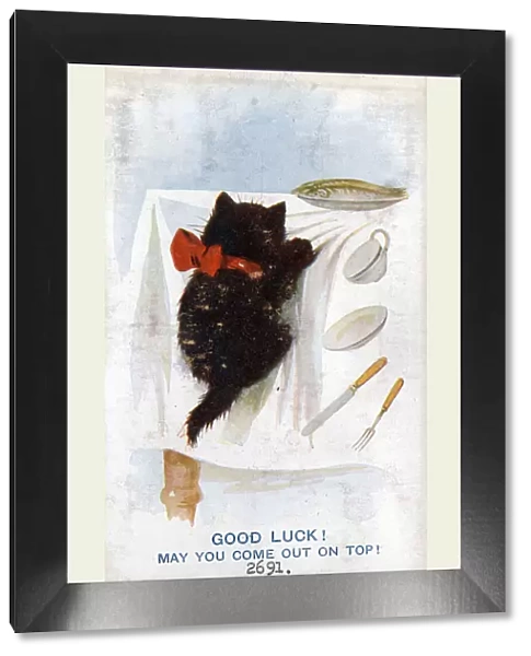 Comic postcard, Black cat on Good Luck card, climbing up the tablecloth Date