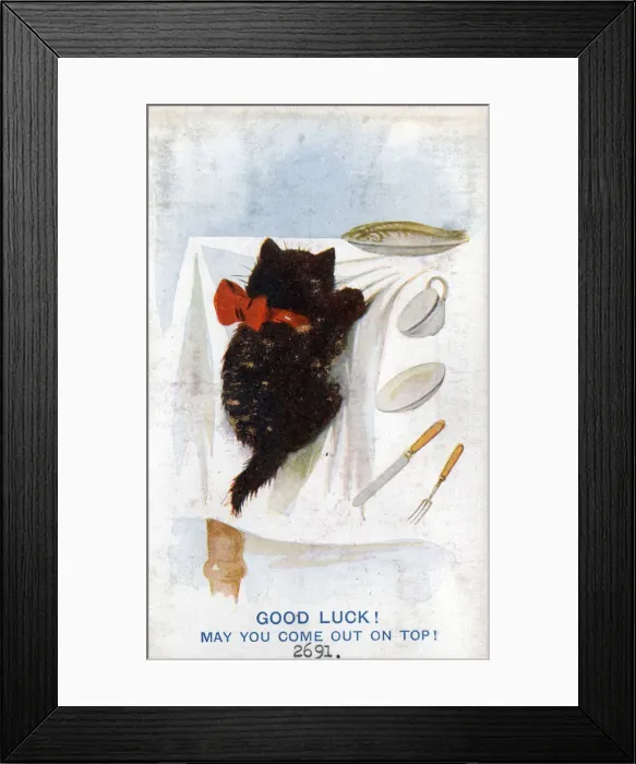 Framed Print : Comic postcard, Black cat on Good Luck card, climbing up the tablecloth Date Framed Print : Comic postcard, Black cat on Good Luck card, climbing up the tablecloth Date