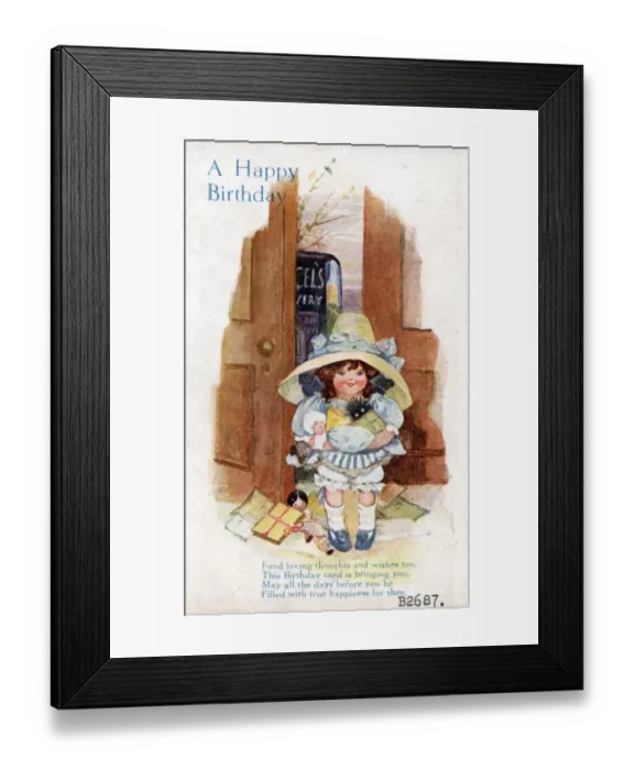 Framed Print : Little girl with presents on a birthday postcard Date: circa 1918 Framed Print : Little girl with presents on a birthday postcard Date: circa 1918